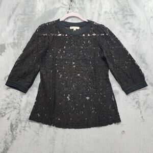 Comme Toi... Crew Neck Crop Sleeve Lace Pull Over Top Size S Black Stretch Sheer